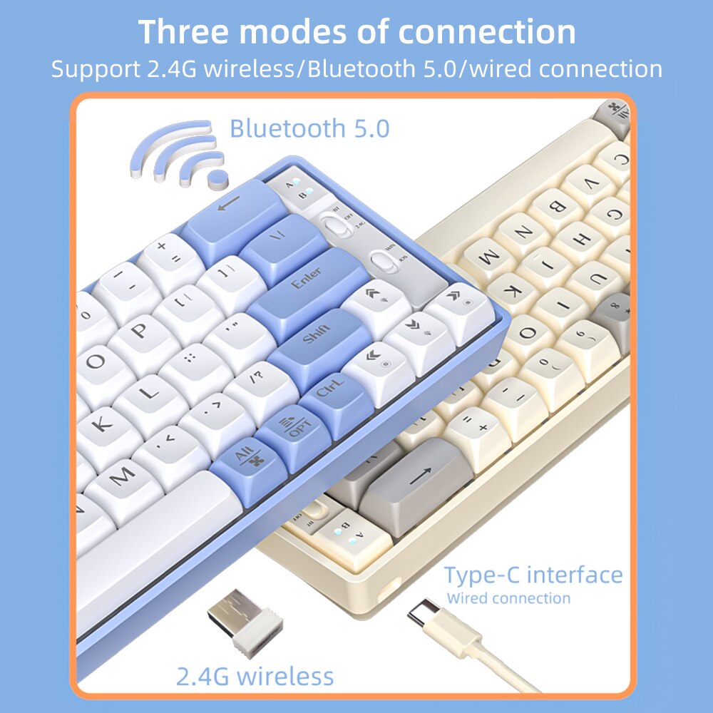 RGB Luz Sem Fio bluetooth Teclado Mec&acirc;nico Teclado De Jogos PBT Keycaps Hot Swappable 65 Teclas para PC Laptop cabo destac&aacute;vel