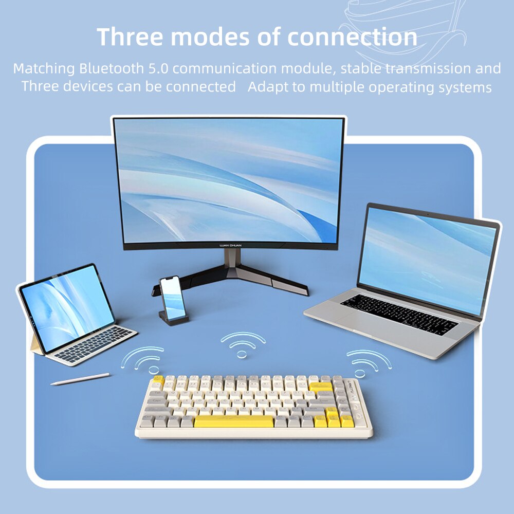 RGB Luz Sem Fio bluetooth Teclado Mec&acirc;nico Teclado De Jogos PBT Keycaps Hot Swappable 65 Teclas para PC Laptop cabo destac&aacute;vel