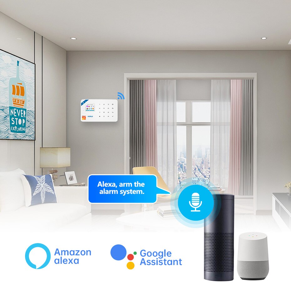 Kerui tuya wi-fi inteligente gsm sistema de alarme de segurança funciona com alexa detector de movimento home do assaltante sensor da janela da porta de fumaça câmera ip Kerui tuya wi-fi inteligente gsm sistema de alarme de segurança funciona com alexa detector de movimento home do assaltante sensor da janela da porta de fumaça câmera ip