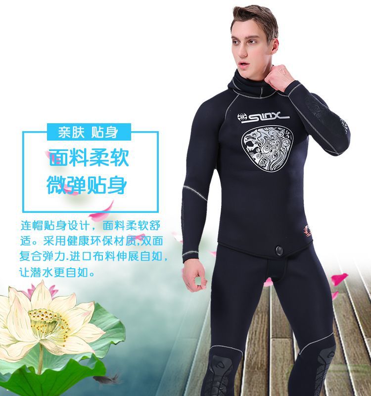 5MM Neoprene Wetsuit Spear Fishing Hooded Men Diving Suit Tops Pants Water Sports Swimsuit Scuba Diving and Snorkeling Wetsuit