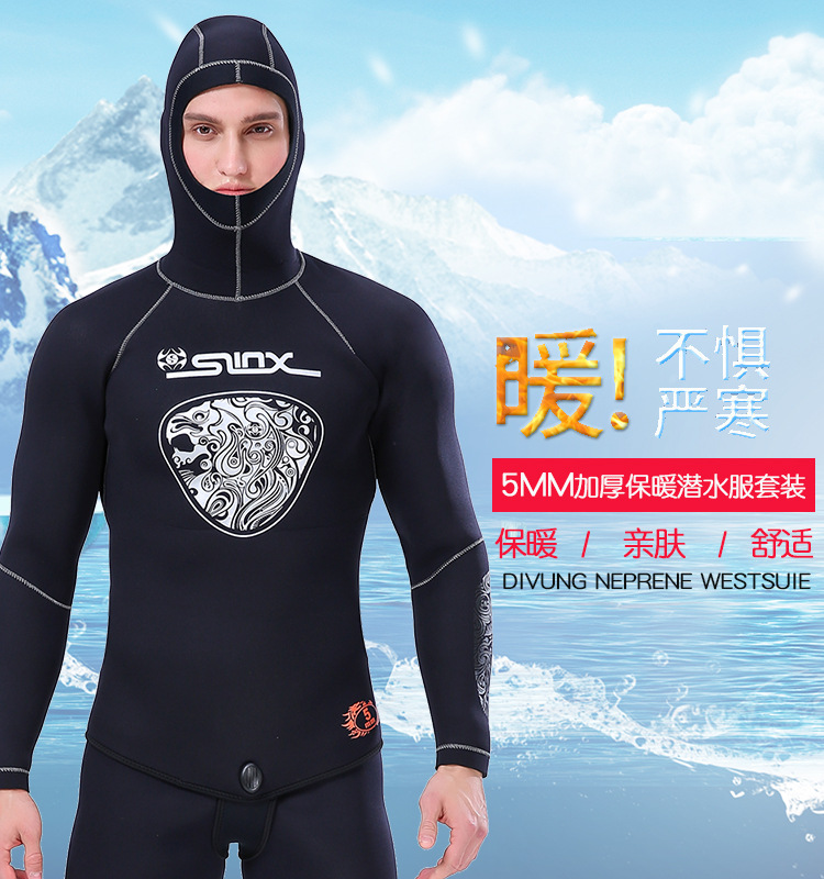 5MM Neoprene Wetsuit Spear Fishing Hooded Men Diving Suit Tops Pants Water Sports Swimsuit Scuba Diving and Snorkeling Wetsuit