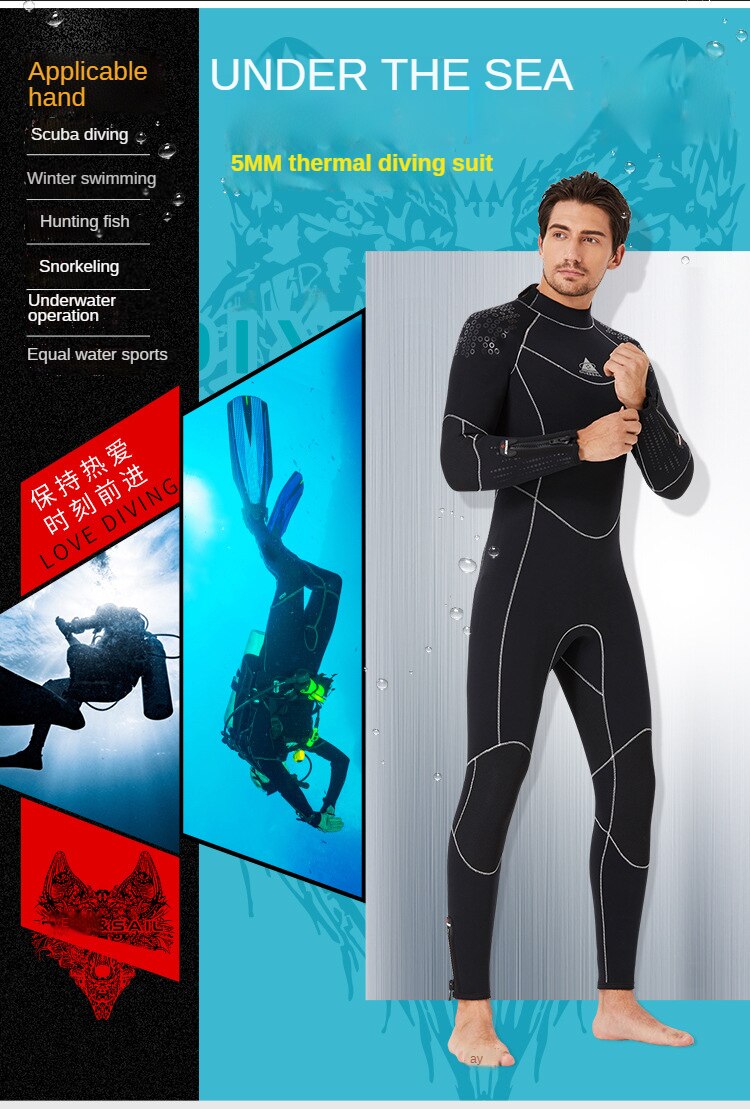 5MM Neoprene Wetsuit Men Women Hand and Foot Zipper Velvet Full Body Wetsuit Scuba Diving Snorkeling Surfing Swimming Wet Suit