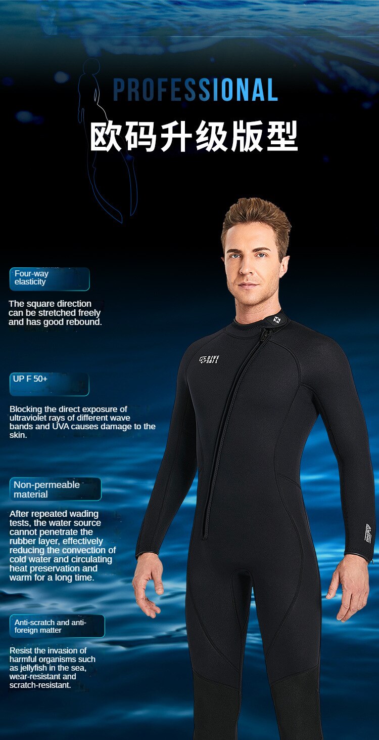 3MM Neoprene Wetsuit Men Surf Scuba Diving Suit Winter Swimwear Fishing Spearfishing Kitesurf Clothing Front Zipper Wet Suit