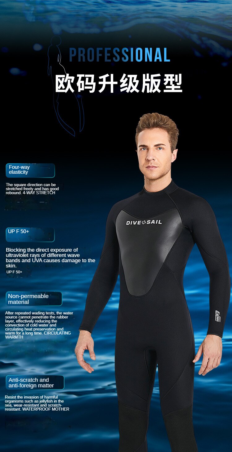 Wetsuit 3MM Neoprene Men Long-sleeved Women Swimming One-piece Surfing Diving Suit Water Sports Scuba Diving Snorkeling Wetsuits