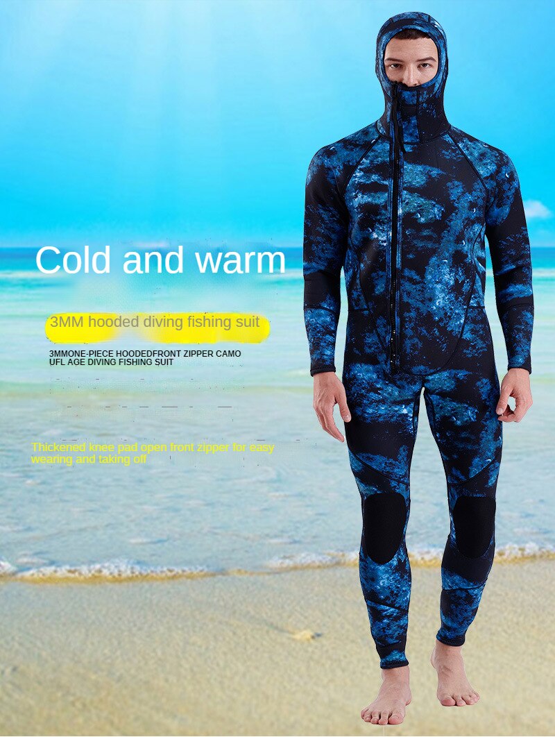 3MM SCR Neoprene Wetsuit Men Camouflage Hooded Full Body One-piece Front Zipper Fishing Snorkeling Scuba Diving Surfing Wetsuit