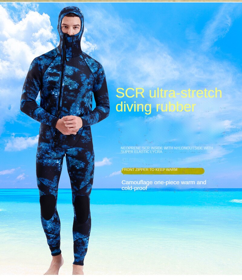 3MM SCR Neoprene Wetsuit Men Camouflage Hooded Full Body One-piece Front Zipper Fishing Snorkeling Scuba Diving Surfing Wetsuit