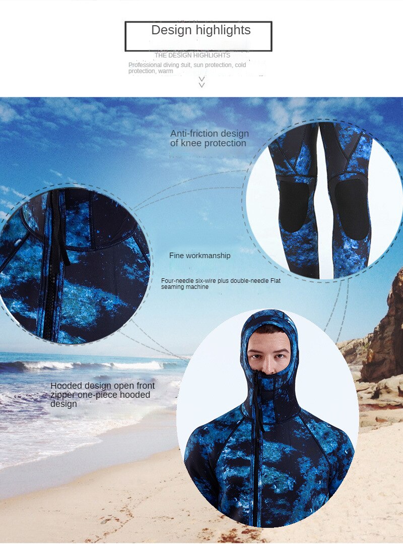 3MM SCR Neoprene Wetsuit Men Camouflage Hooded Full Body One-piece Front Zipper Fishing Snorkeling Scuba Diving Surfing Wetsuit