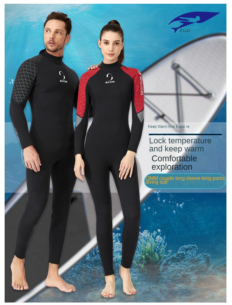 3MM Neoprene Wetsuit Men One-piece Long-sleeved Warm Thick Super Elastic Wetsuit Women Free Snorkeling Surfing Scuba Diving Suit
