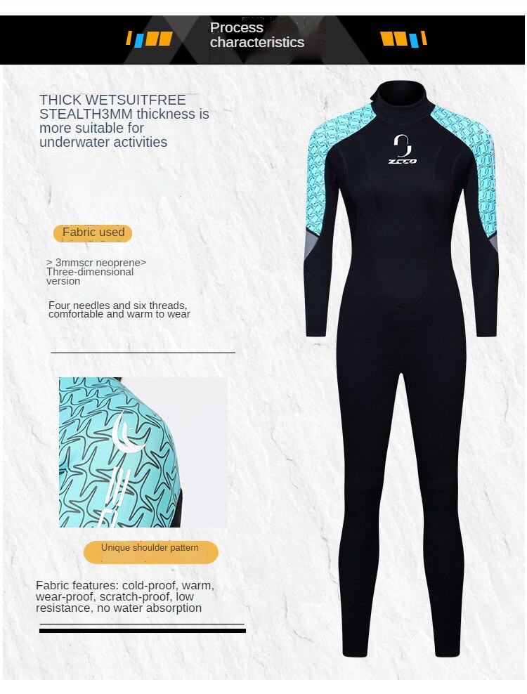 3MM Neoprene Wetsuit Men One-piece Long-sleeved Warm Thick Super Elastic Wetsuit Women Free Snorkeling Surfing Scuba Diving Suit
