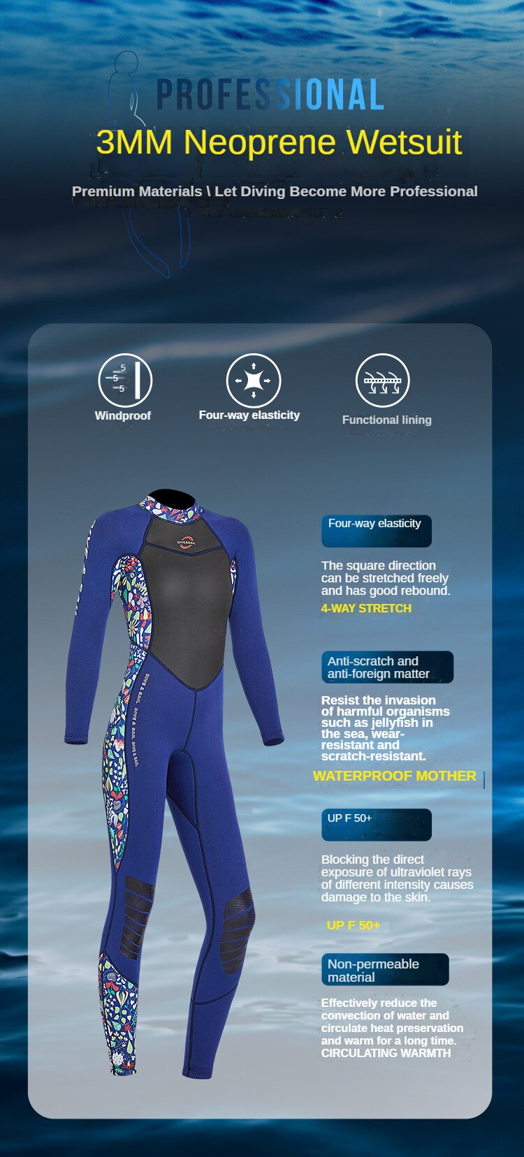 Women' Wetsuit 3MM Neoprene One-piece Thermal Swimsuit Thickened Swimming Surfing Diving Suit Scuba Diving Snorkeling Wetsuit