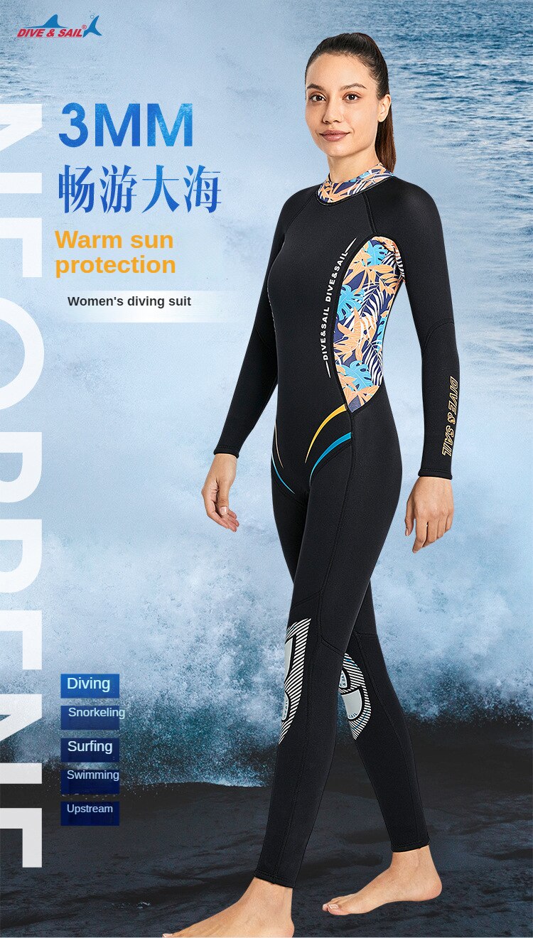 Women Wetsuit 3MM Neoprene One-piece Swimsuit Thickened Warm Wetsuit Long-sleeved Surfing Scuba Diving Suit Snorkeling Wetsuit