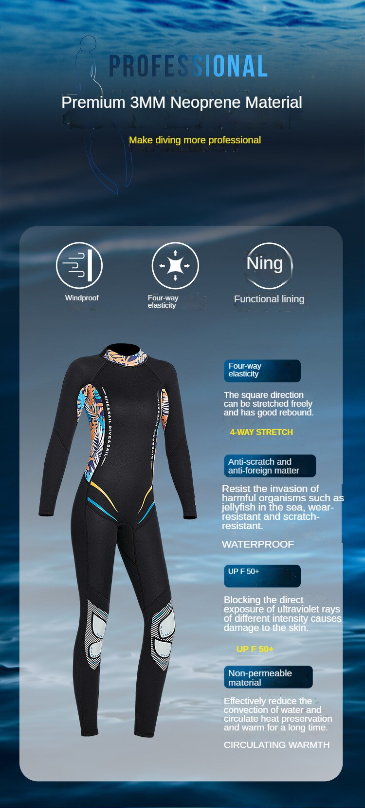 Women Wetsuit 3MM Neoprene One-piece Swimsuit Thickened Warm Wetsuit Long-sleeved Surfing Scuba Diving Suit Snorkeling Wetsuit
