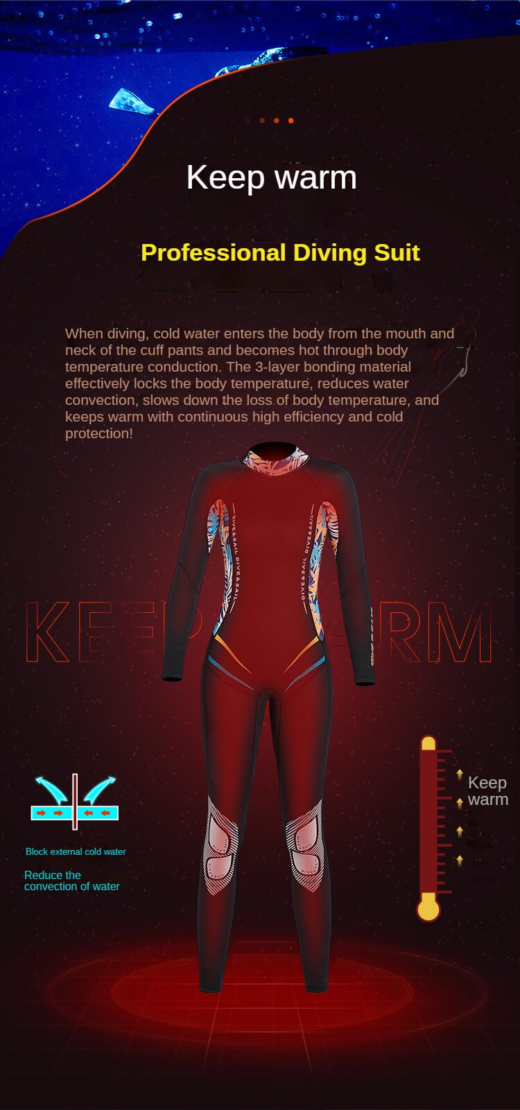 Women Wetsuit 3MM Neoprene One-piece Swimsuit Thickened Warm Wetsuit Long-sleeved Surfing Scuba Diving Suit Snorkeling Wetsuit