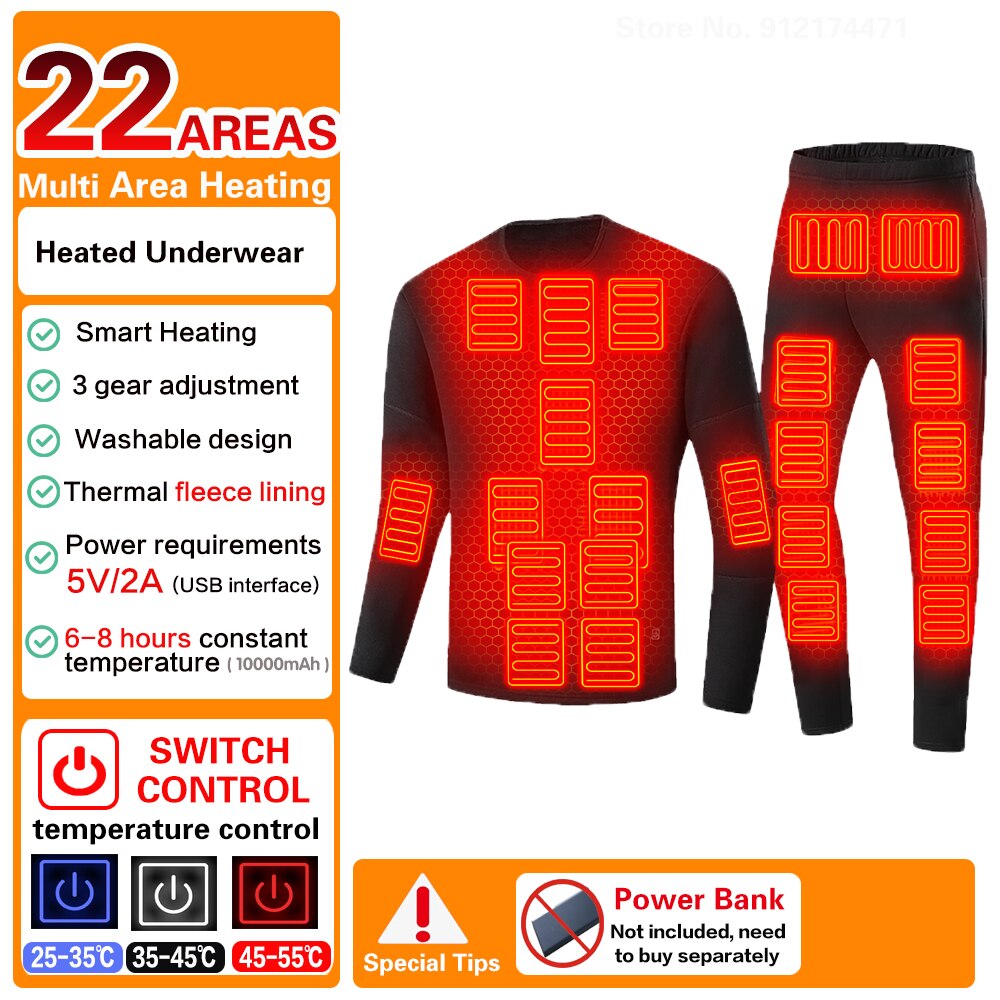 Heated Underwear Suit Winter Outdoor Thermal Heated Jacket Men Ski Suit USB Electric Heating Clothing Fleece Thermal Long Johns