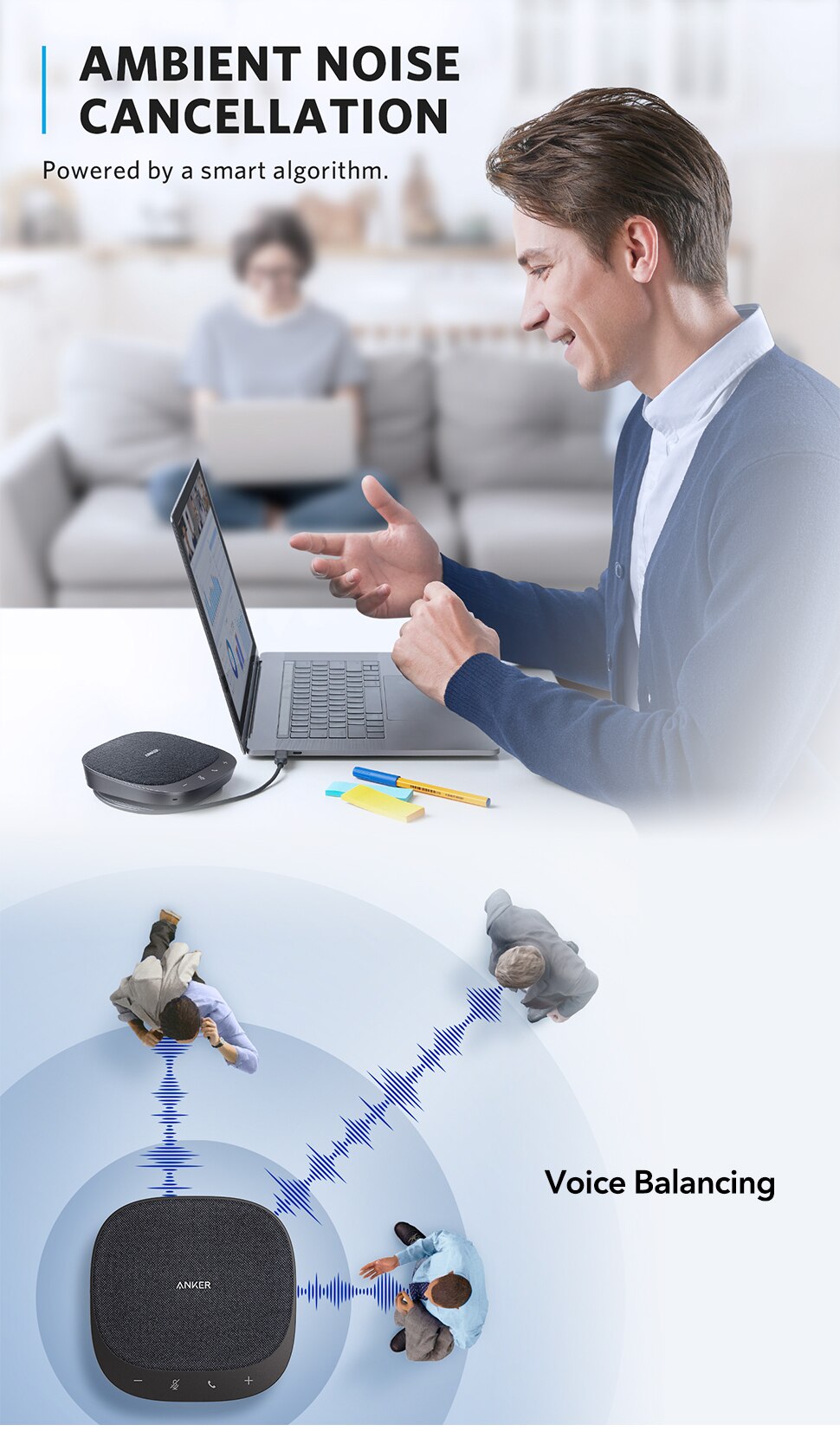 Anker PowerConf S330 USB Speakerphone, Conference Microphone for Home Office, Smart Voice Enhancement, Plug and Play