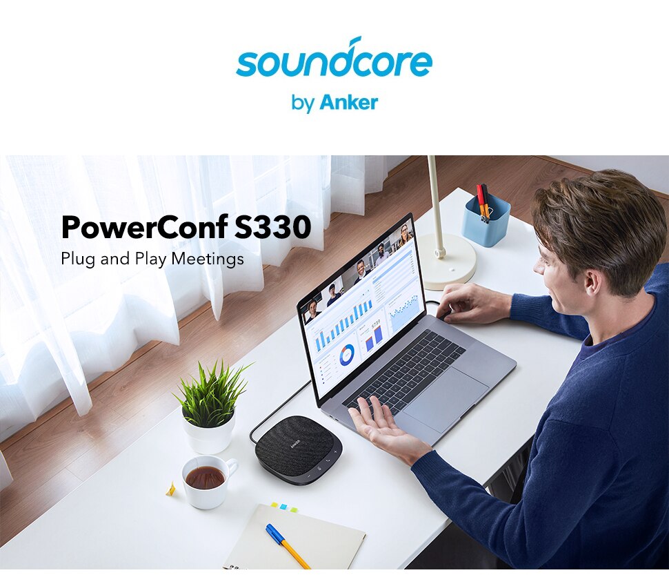 Anker PowerConf S330 USB Speakerphone, Conference Microphone for Home Office, Smart Voice Enhancement, Plug and Play