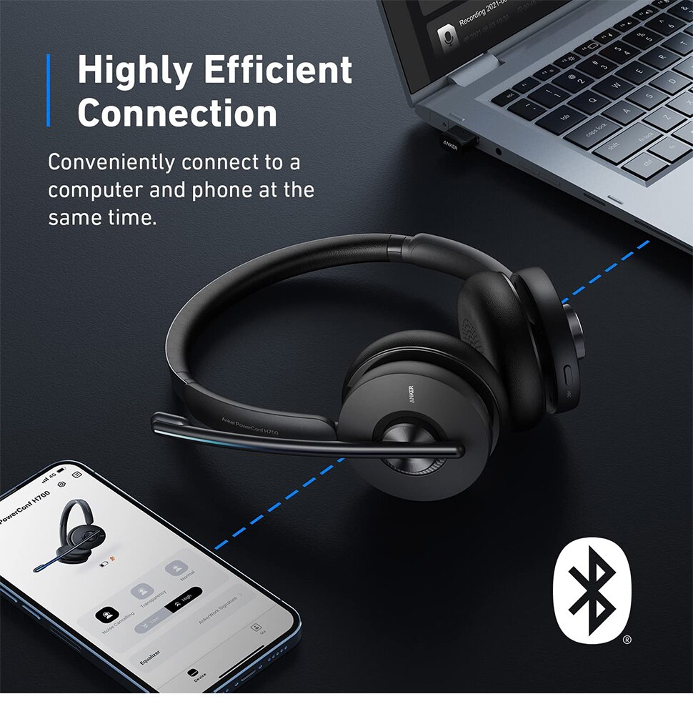 Anker PowerConf H700 Upgraded Version Bluetooth Headset with Mic and Charging Stand Digital Active Noise Cancelling