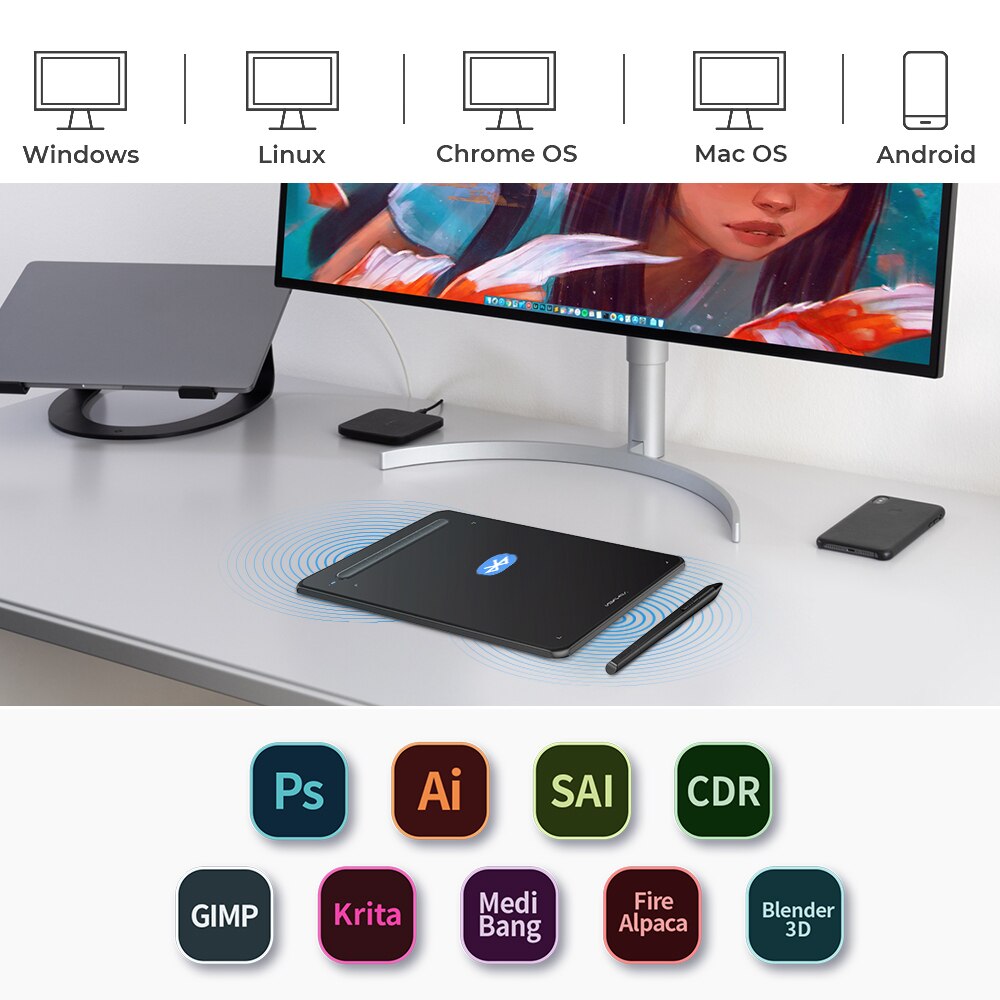 XPPen Deco MW LW Graphics Tablet 8x5 inch Wireless Digital Drawing Tablet with Bluetooth V5.0 USB Support Windows Mac Android