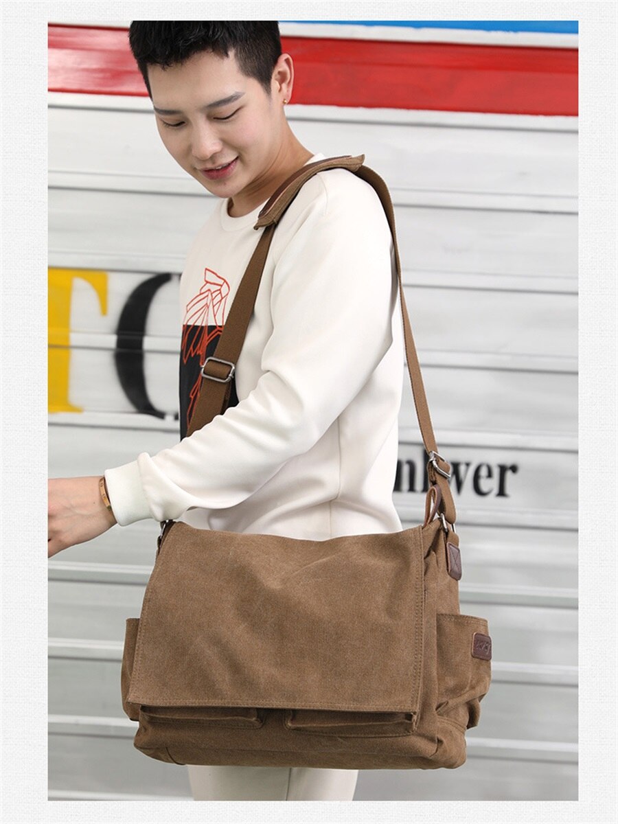 New Canvas Bag Mens Solid Color Wear Resistant Laptop Bag Multifunction Large Capacity Single Shoulder Crossbody Travel Backpack