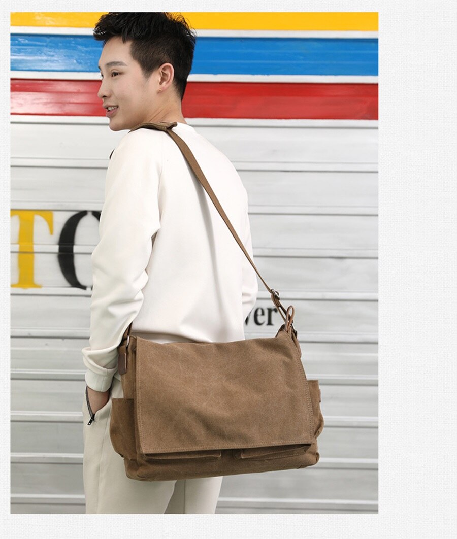 New Canvas Bag Mens Solid Color Wear Resistant Laptop Bag Multifunction Large Capacity Single Shoulder Crossbody Travel Backpack