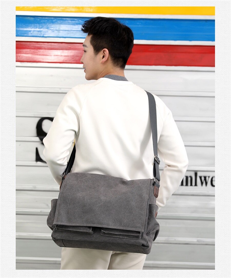 New Canvas Bag Mens Solid Color Wear Resistant Laptop Bag Multifunction Large Capacity Single Shoulder Crossbody Travel Backpack