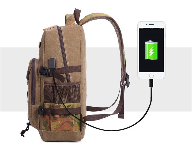 Student Vintage Drawstring Canvas Backpack Men Waterproof USB Charge School Bags For Teenage Boys Casual Travel Laptop Backpacks