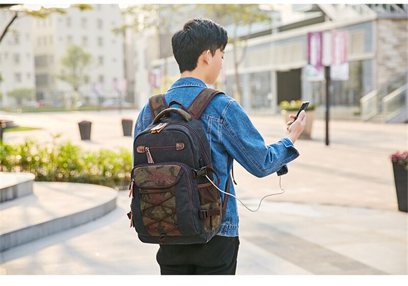 Student Vintage Drawstring Canvas Backpack Men Waterproof USB Charge School Bags For Teenage Boys Casual Travel Laptop Backpacks