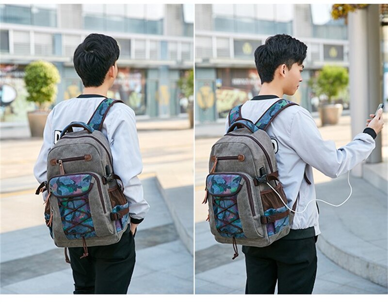 Student Vintage Drawstring Canvas Backpack Men Waterproof USB Charge School Bags For Teenage Boys Casual Travel Laptop Backpacks