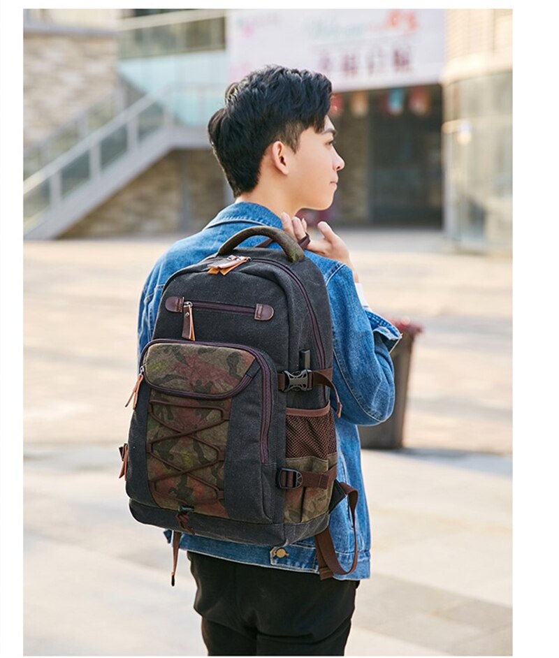 Student Vintage Drawstring Canvas Backpack Men Waterproof USB Charge School Bags For Teenage Boys Casual Travel Laptop Backpacks