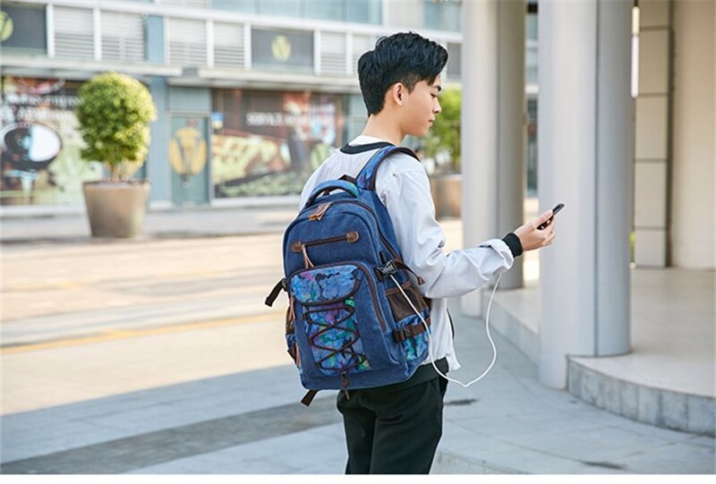 Student Vintage Drawstring Canvas Backpack Men Waterproof USB Charge School Bags For Teenage Boys Casual Travel Laptop Backpacks