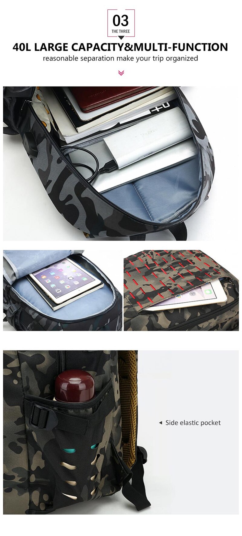 40L USB Men Military Bag Tactical Backpack Travel Waterproof Hiking Rucksack Camping Laptop Outdoor Sport Camouflage Army Bags