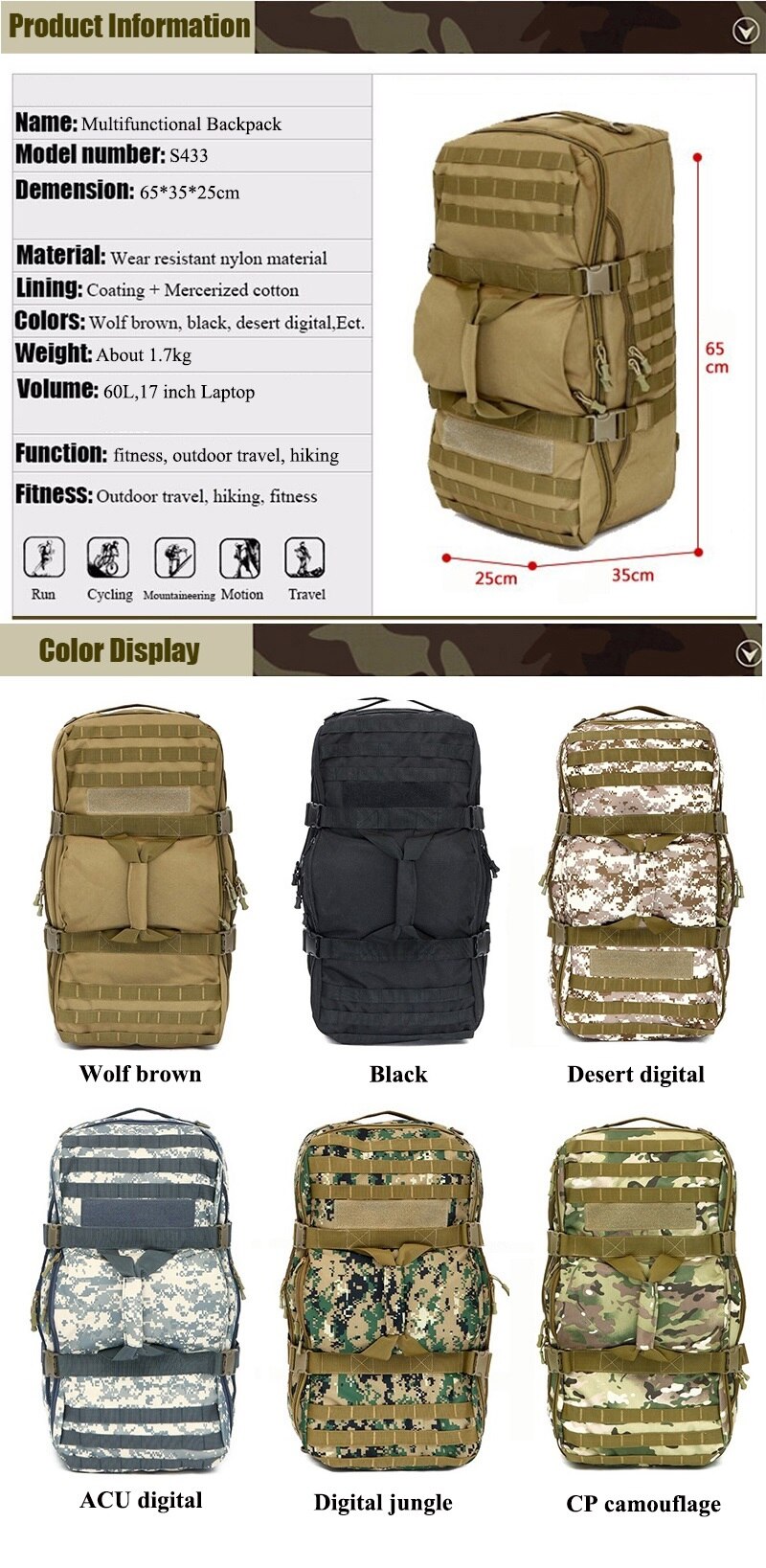 60L Military Tactics Backpack Large Bag Multifunction Capacity Camo Camping Hunting Travel Rucksack Waterproof Nylon Duffel Bag