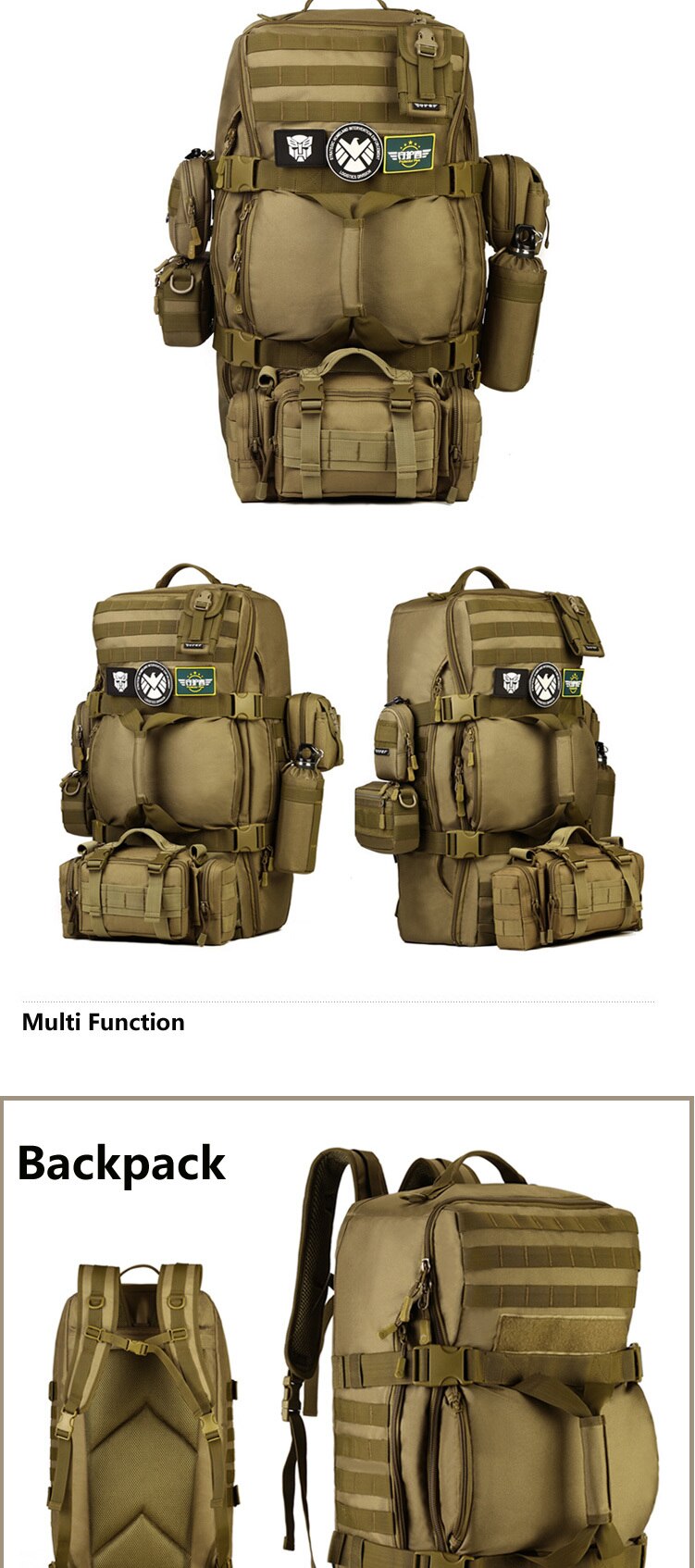 60L Military Tactics Backpack Large Bag Multifunction Capacity Camo Camping Hunting Travel Rucksack Waterproof Nylon Duffel Bag