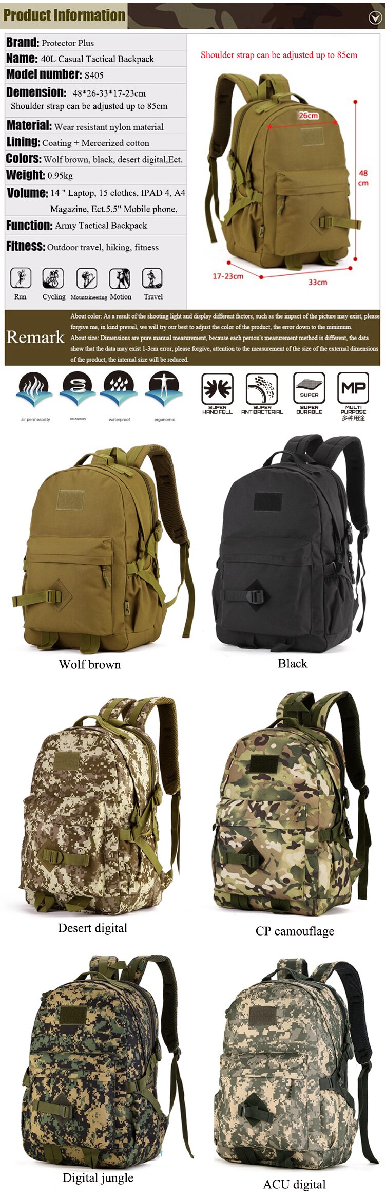 Outdoor 40L Waterproof Tactical Camouflage Backpack Men Travel Sports Military Bag Male Mountaineer Hiking Climbing Camping Bags