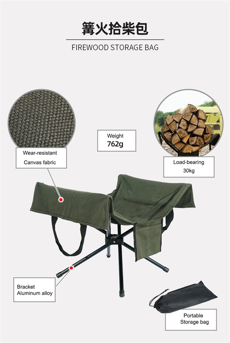 Aluminum Alloy Racks Camping Firewood Bag Outdoor Camping Campfire Firewood Rack Firewood Storage Bag Portable Canvas Tool Bag