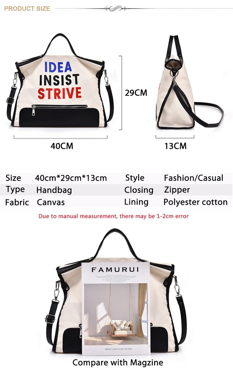 Ladies Large Tote Canvas Shoulder Bags Vintage Casual Waterproof Handle Handbag Shopping Travel Letter Messenger City Bags Women