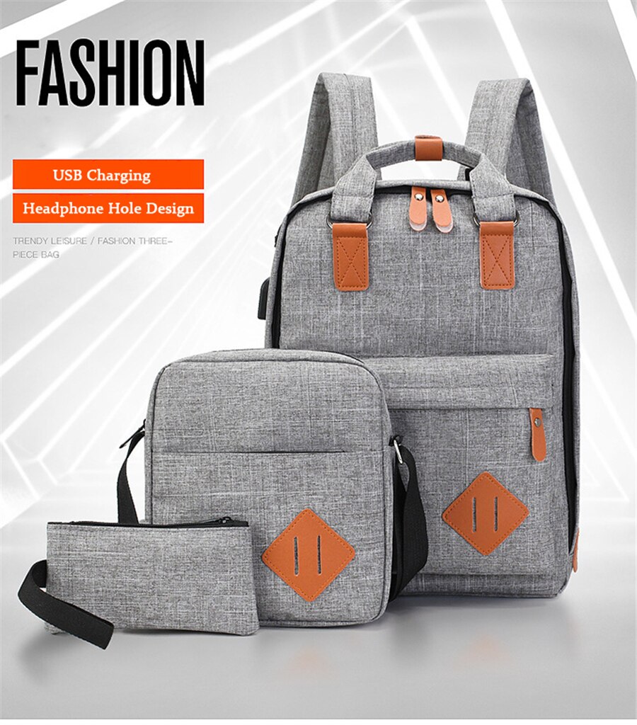 New Three-Piece USB Charging Bag Men Women 15.6 Inch Laptop Backpack Fashion School Bags Large Capacity Multifunction Travel Bag
