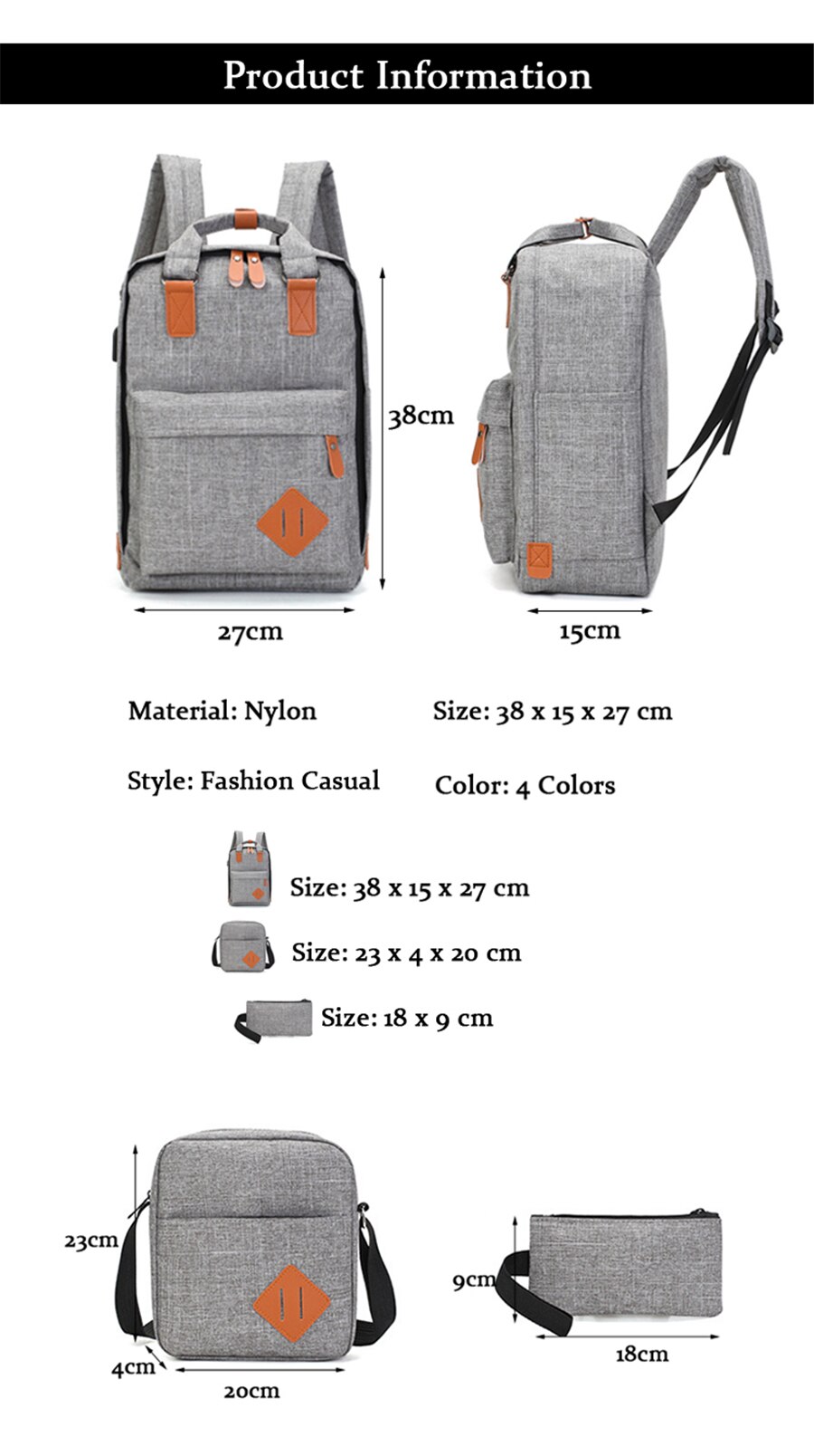 New Three-Piece USB Charging Bag Men Women 15.6 Inch Laptop Backpack Fashion School Bags Large Capacity Multifunction Travel Bag