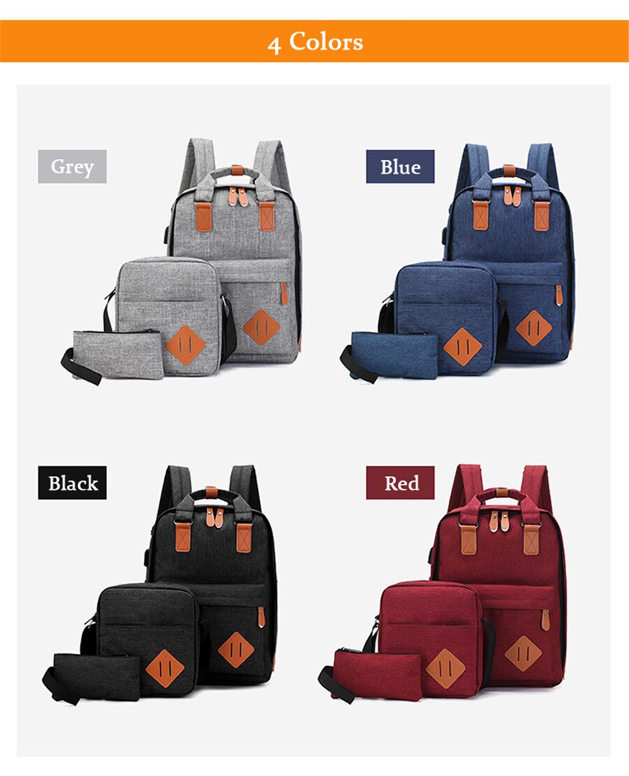 New Three-Piece USB Charging Bag Men Women 15.6 Inch Laptop Backpack Fashion School Bags Large Capacity Multifunction Travel Bag