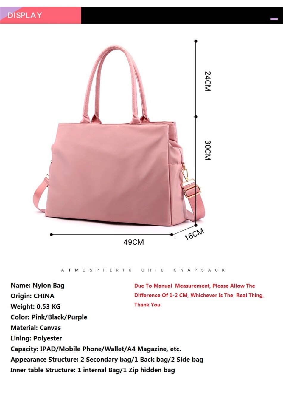 Casual Nylon Cloth One Shoulder Travel Bag Female Fashion Simple Sports Fitness Handbag Large Capacity Solid Color Crossbody Bag