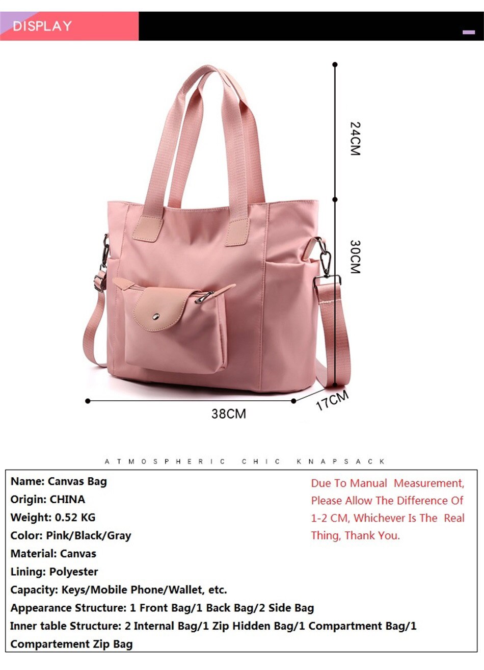 New Female Shoulder Bag High Quality Portable Crossbody Bags Large Capacity Solid Color Waterproof Nylon Fitness Travel Handbags