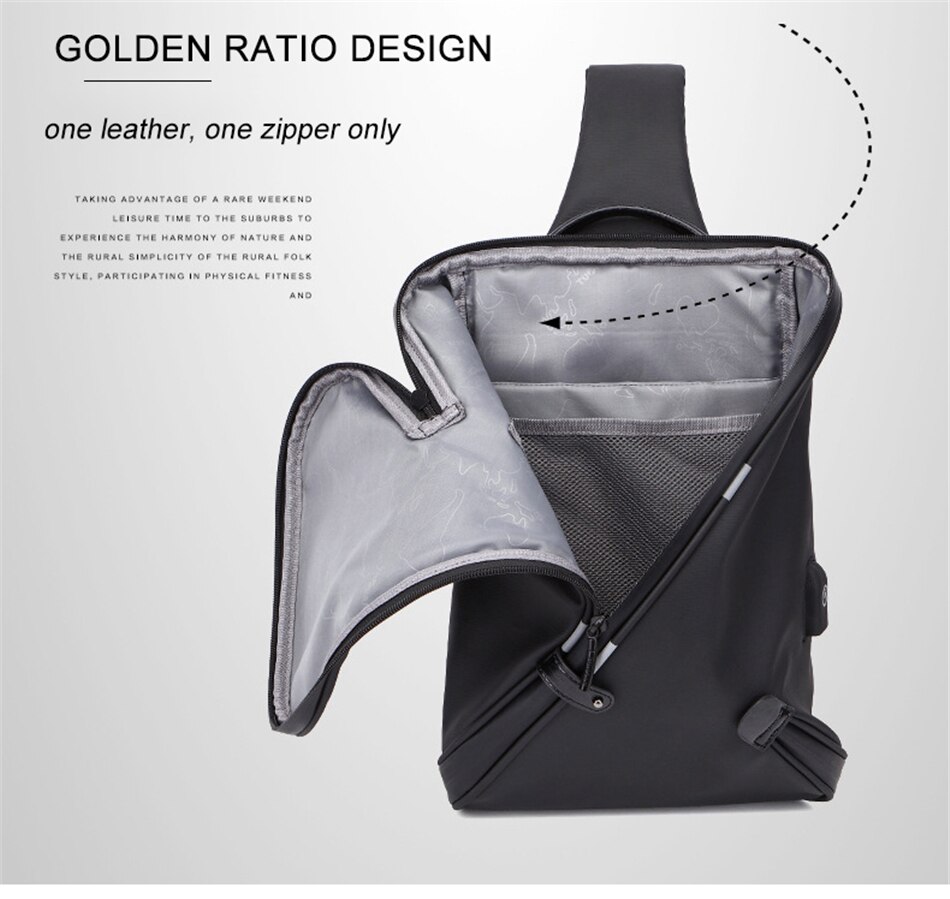 Business Male Sport Travel Chest Bag Waterproof Dust-proof Large Capacity Shoulder Bag USB Charging Student Messenger Light Bags
