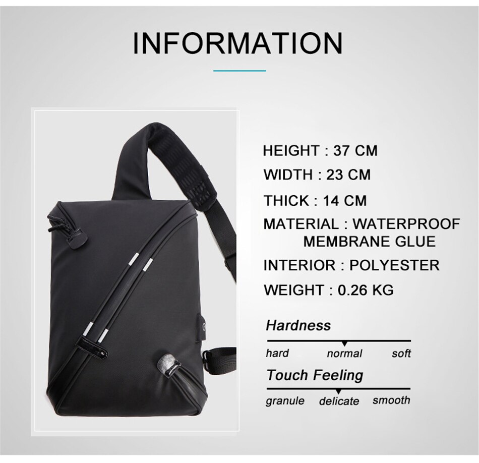 Business Male Sport Travel Chest Bag Waterproof Dust-proof Large Capacity Shoulder Bag USB Charging Student Messenger Light Bags