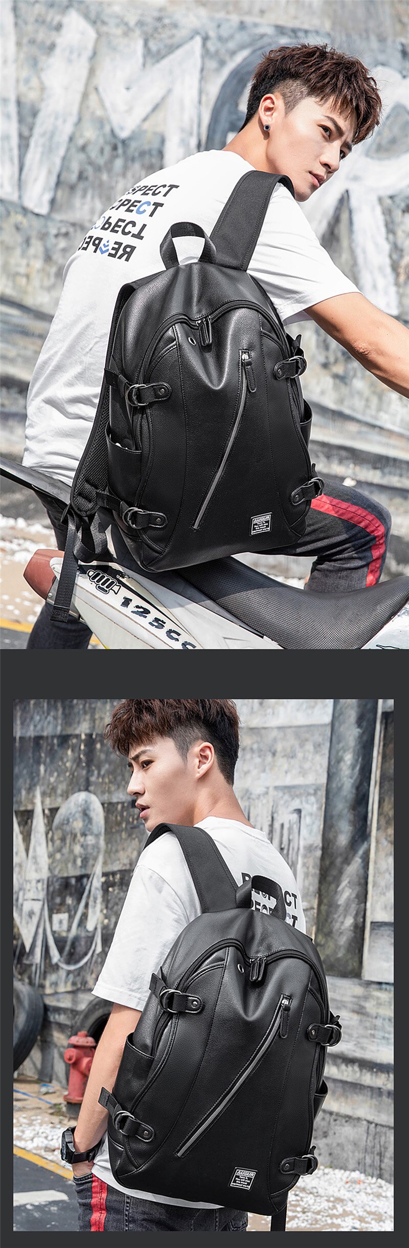 Fashion Men Women Backpack PU Leather Earphone Hole Travel Waterproof 15.6 Inch Laptop Backpack Sports Large Capacity School Bag