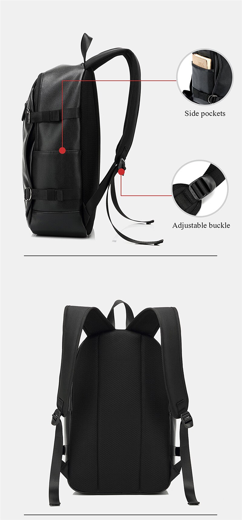 Fashion Men Women Backpack PU Leather Earphone Hole Travel Waterproof 15.6 Inch Laptop Backpack Sports Large Capacity School Bag