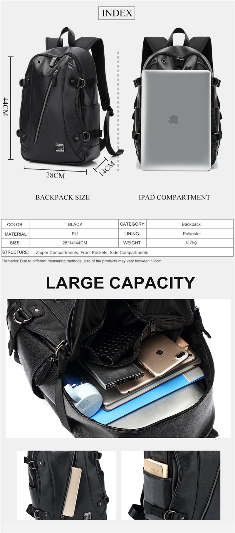 Fashion Men Women Backpack PU Leather Earphone Hole Travel Waterproof 15.6 Inch Laptop Backpack Sports Large Capacity School Bag