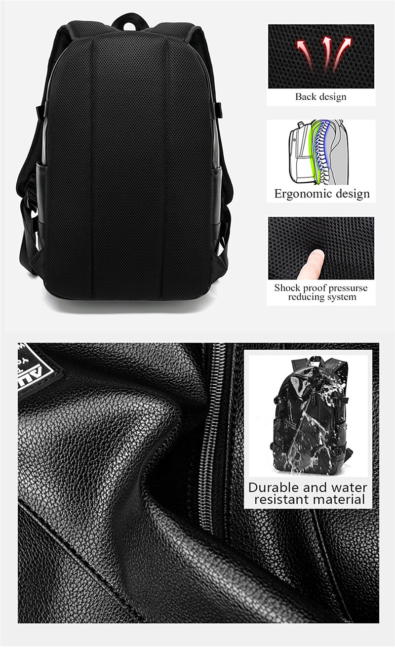 Fashion Men Women Backpack PU Leather Earphone Hole Travel Waterproof 15.6 Inch Laptop Backpack Sports Large Capacity School Bag