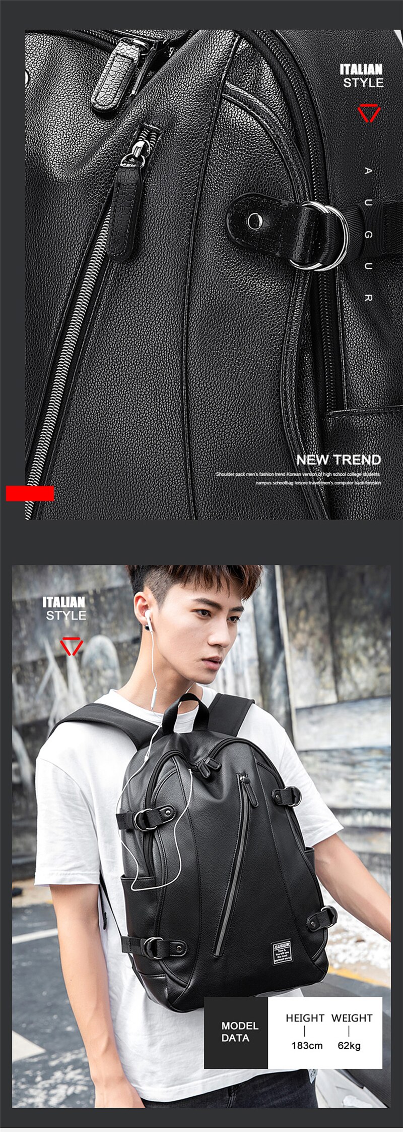 Fashion Men Women Backpack PU Leather Earphone Hole Travel Waterproof 15.6 Inch Laptop Backpack Sports Large Capacity School Bag