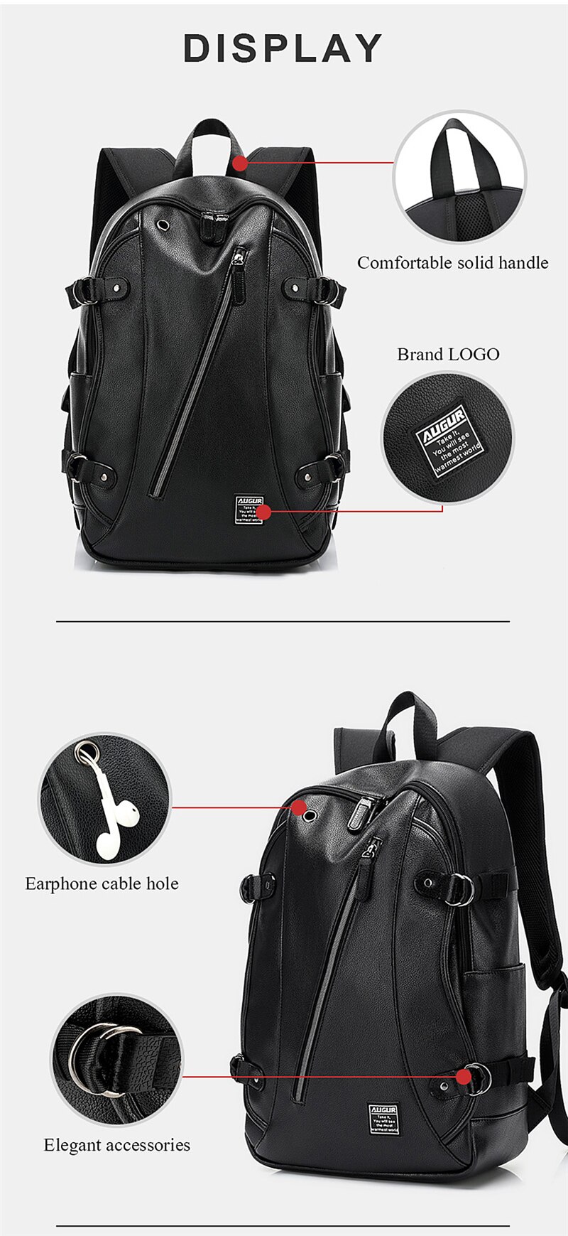 Fashion Men Women Backpack PU Leather Earphone Hole Travel Waterproof 15.6 Inch Laptop Backpack Sports Large Capacity School Bag