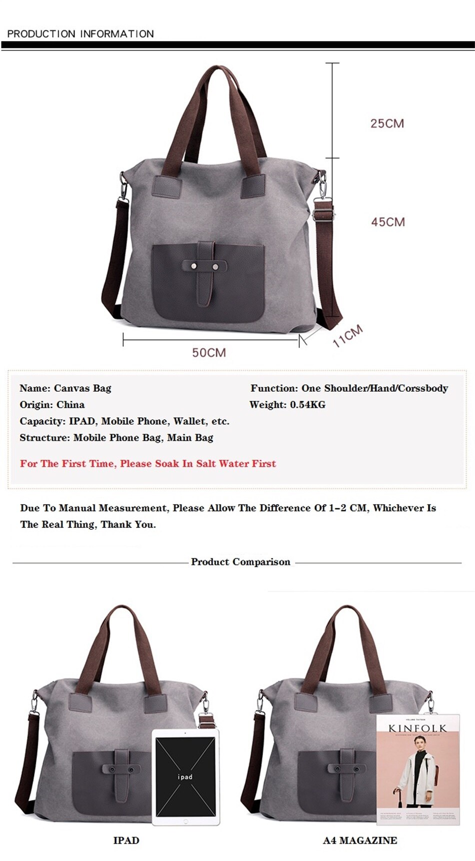 Vintage Element Canvas Large Capacity Crossbody Woman Bag Casual Shoulder Strap Detachable Tote Bag Shoulder Soft Fabric Handbag